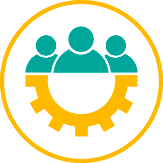 a group of people above a cog