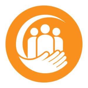 Group of people in the palm of a hand on an orange background