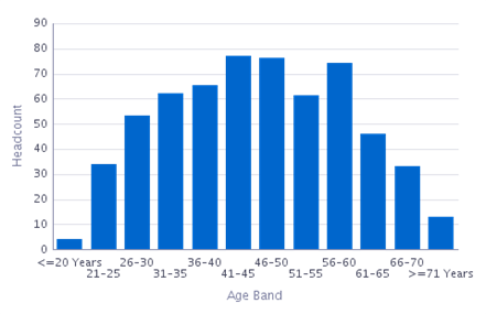A vertical bar chart illustrating the distribution of headcount across age bands. The x-axis lists age bands in the following order: '≤20 Years', '21–25', '26–30', '31–35', '36–40', '41–45', '46–50', '51–55', '56–60', '61–65', '66–70', and '≥71 Years'. The y-axis represents headcount, ranging from 0 to 90 in increments of ten. Each bar corresponds to the number of individuals in each age band. The tallest bars are for the '41–45' and '46–50' age bands, each with headcounts around or slightly above 70, indicating the most populous age groups. The chart provides a visual overview of age distribution, with fewer individuals in the youngest ('≤20 Years') and oldest ('≥71 Years') categories.