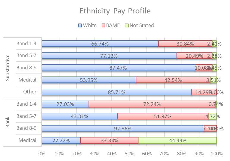 A vertical bar chart titled 'Ethnicity Pay Profile' comparing the ethnic distribution across different pay bands for both Substantive and Bank staff. The chart uses three color-coded bars for each category: blue for White, red for BAME (Black, Asian, and Minority Ethnic), and green for Not Stated. Each bar represents the percentage of staff from each ethnic group within a specific pay band. For Substantive staff: Band 1–4: 66.74% White, 30.84% BAME, 2.41% Not Stated Band 5–7: 77.13% White, 20.49% BAME, 2.38% Not Stated Band 8–9: 87.47% White, 10.08% BAME, 2.45% Not Stated Medical: 53.95% White, 42.54% BAME, 3.51% Not Stated Other: 85.71% White (BAME and Not Stated percentages not provided) For Bank staff: Data for all bands is missing or not displayed. The chart visually highlights the ethnic composition across pay bands, showing a higher proportion of BAME staff in lower bands and medical roles, with White staff more represented in higher bands.