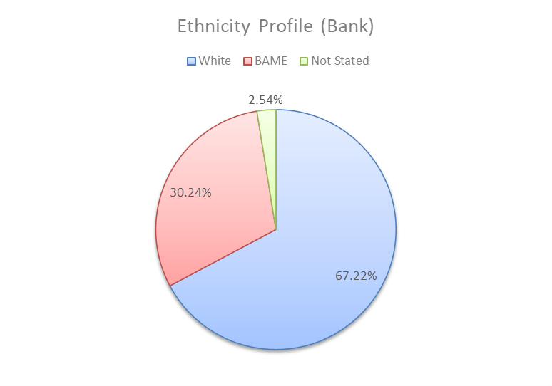 A pie chart titled 'Ethnicity Profile (Bank)' representing the ethnic composition of bank staff. The chart is divided into three color-coded segments: blue for 'White', which makes up 67.22% of the total; red for 'BAME' (Black, Asian, and Minority Ethnic), accounting for 30.24%; and green for 'Not Stated', comprising 2.54%.