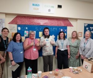 Seven people standing in front of a bulletin board labeled 'OUR SUCCESSES 2022' with a sign above reading 'BUILD OUR CULTURE' and a house icon. They are wearing name badges and lanyards, with a table in front of them holding cups, plates, and snacks.