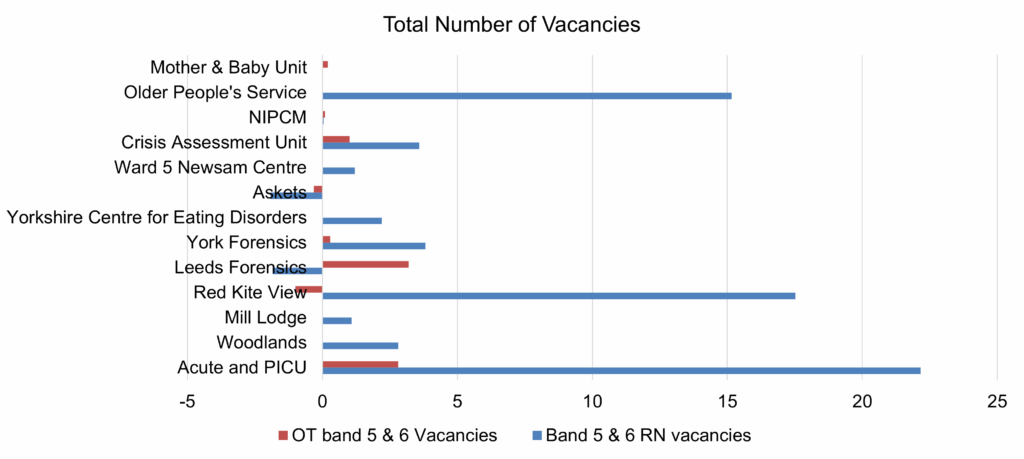 Bar chart titled 'Total Number of Vacancies'. It shows OT Band 5 & 6 vacancies in red and RN Band 5 & 6 vacancies in blue across 13 units and services, including Mother & Baby Unit, Older People's Service, and Acute and PICU. The x-axis ranges from -5 to 25, representing the number of vacancies.