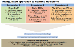 Diagram titled 'Triangulated approach to staffing decisions' showing three main expectations: (1) Right Staff – including evidence-based workforce planning, professional judgement, and peer comparison; (2) Right Skills – including training, teamwork, and recruitment; and (3) Right Place and Time – including productivity, deployment, and employment efficiency. Below these are two blue boxes: 'Implement Care Hours per Patient Day' and 'Develop local quality dashboard for safe sustainable staffing.' At the bottom is a beige box labeled 'Measure and Improve,' listing outcomes, incident reporting, and feedback from patients, carers, and staff.