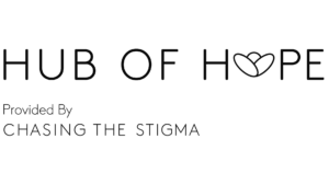 The Hub of Hope logo. The test reads Hub of Hope provided by Chasing the Stigma. The 'o' in hope is an illustration of a flower.