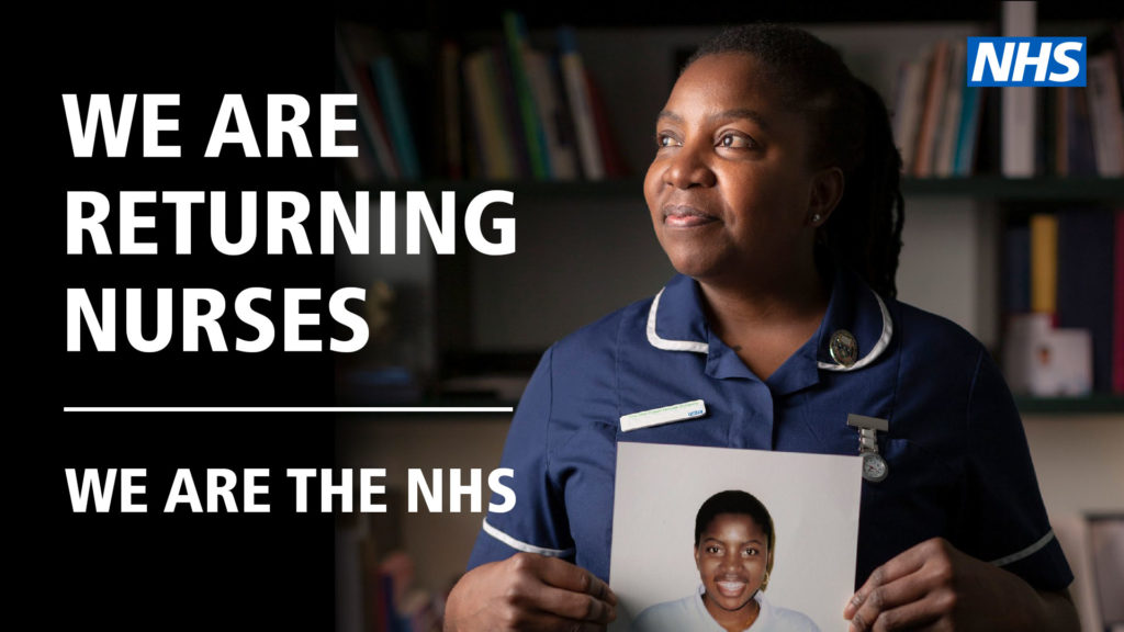 Nurse holding a picture "We are returning nurses we are the NHS"