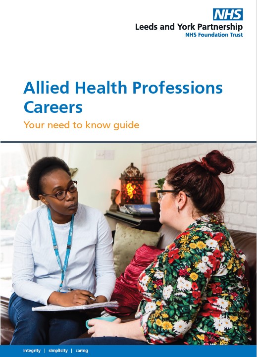 Allied Health Professions Careers Your need to know guide. Includes a photo of two people sat on a sofa talking. One of them is wearing a blue NHS lanyard.
