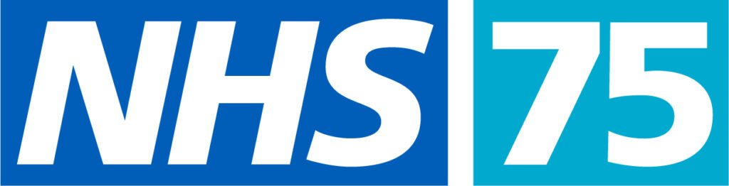 NHS75 logo, white lettering on blue background