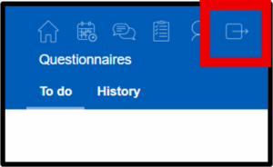 Navigation bar showing questionnaire tabs and a logout icon highlighted.