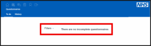 Questionnaires page with message: ‘There are no incomplete questionnaires.’ Filters option visible.