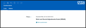 Questionnaires page showing WSAS questionnaire with ‘Start questionnaire’ link.