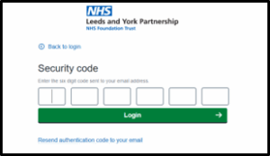 Login screen for NHS Leeds and York Partnership portal with empty security code fields and green ‘Login’ button.