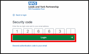 Login screen for NHS Leeds and York Partnership portal showing six-digit security code entered and green ‘Login’ button.