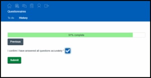 Questionnaire completion screen showing progress bar at 91% complete, a checkbox confirming all questions answered accurately, and buttons labeled ‘Previous’ and ‘Submit.
