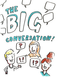 Cartoon drawing of people having a conversation. JPEG
