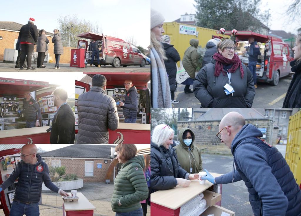 A collage of photos, top left clockwise: A red van opens from the back, with a hot drink machine. A queue of people forms behind a stand. A group of three people are standing and talking, and one person is wearing a festive headband. They are standing in the foreground; in the background, a red van opens from the back with a hot drink machine. A queue of people forms behind a stand. Two people are standing behind a stand, and a man is passing a drink across. A man passes a drink to a woman in a green coat from the back of a red van. A red van opens from the back, with a hot drink machine. A man is smiling, making a hot drink. The sun shines from behind the van, and a man stands in front of the stand, waiting. In another view of the inside of the van with a coffee machine, a man stands in front, talking to someone with their back to the camera. 