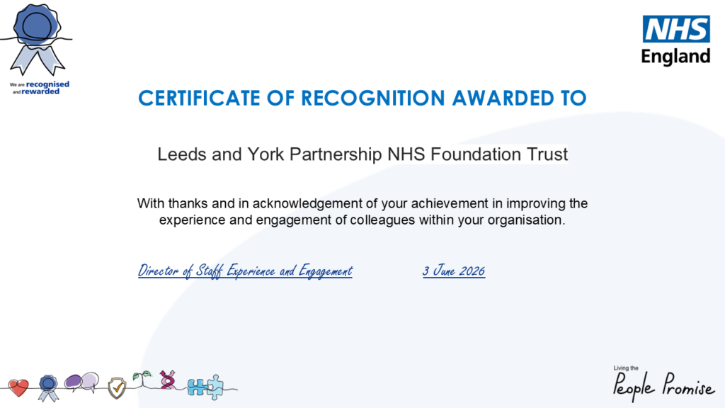 An image of a certificate awarded to the Trust for its bank worker staff survey results. 