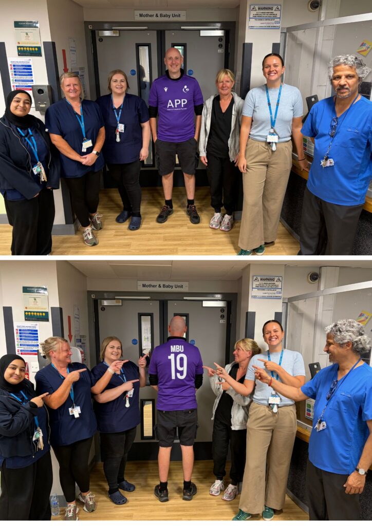 A collage of two photos, both showing Chris in front of the mother and baby unit alongside staff. Chris is wearing his purple football shirt. In the second photo, staff are pointing at the back of his shirt, which says MBU 19.