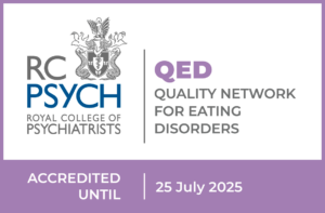 A logo providing accreditation from the Royal College of Psychiatrists on Quality Network for Eating Disorders until 25 July 2025.