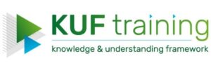 Logo for KUF Training, which stands for Knowledge & Understanding Framework. The logo features the text 'KUF training' in green and blue, with 'KUF' in bold. Below it, the phrase 'knowledge & understanding framework' is written in a smaller font. To the left of the text, there is a geometric triangular design in shades of green and blue, resembling a play button or an abstract arrow.