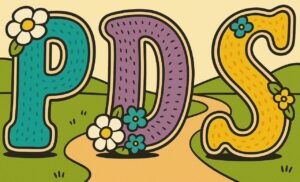 Illustration of the letters P, D, and S in bold, colorful, textured fonts placed on a winding path through green hills. Each letter is decorated with cartoon-style flowers: the P is blue with a white flower, the D is purple with blue flowers, and the S is yellow with blue and white flowers.