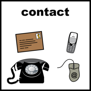 Cartoon-style image showing different ways to contact someone. It includes an envelope with a stamp, a mobile phone, a rotary landline telephone, and a computer mouse with an email symbol. The word ‘contact’ appears in bold text above the images.