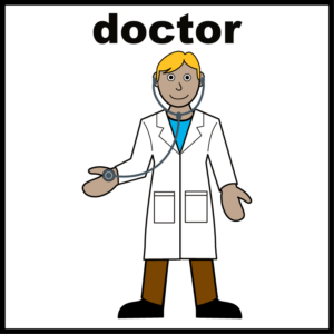 Cartoon-style illustration of a doctor wearing a white coat and holding a stethoscope. The doctor is standing and the word ‘doctor’ appears above the image in bold text.