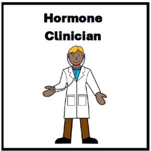 Illustration of a healthcare clinician wearing a white medical coat and stethoscope, with the words “Hormone Clinician” at the top.