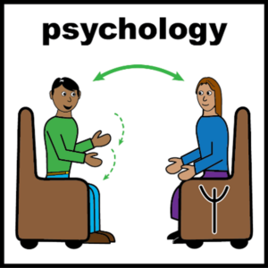 An illustration showing two people sitting in chairs facing each other and talking. Arrows show communication going both ways. The word ‘psychology’ is written at the top.