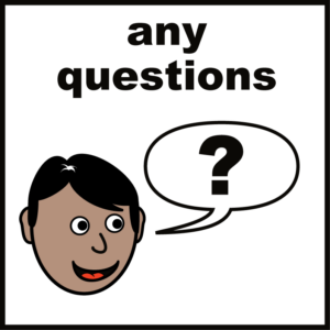 Illustration of a person’s face with a speech bubble containing a question mark and the words “any questions” above.