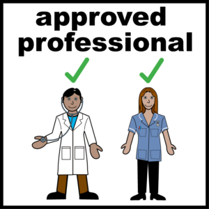 Illustration showing two healthcare professionals, one in a medical coat and one in a clinical uniform, each with a green tick above them and the words “approved professional” at the top.