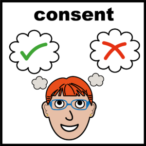 Illustration of a person’s face with two thought bubbles: one containing a green tick and one containing a red cross, with the word “consent” at the top.