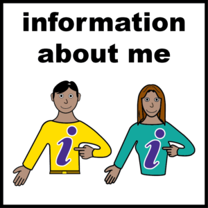 Illustration of two people pointing to an information symbol on their chest, with the words “information about me” at the top.