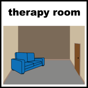 A therapy room with a sofa, plain walls, and a door.