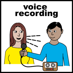One person speaks into a microphone while another person records the voice using recording equipment.