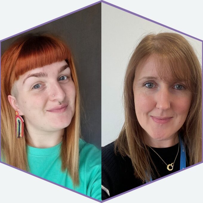 Two side-by-side portrait photos within a hexagon-shaped frame. On the left, a person with straight, bright copper-coloured hair and short fringe is wearing a green top, a long multicoloured dangling earring, and facial piercings. On the right, a person with straight, light brown shoulder-length hair is wearing a black top, a lanyard, and a gold necklace. Both are shown from the shoulders up against plain indoor backgrounds.