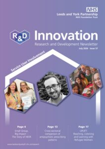 Front cover of the Leeds and York Partnership NHS Foundation Trust Research and Development newsletter, Innovation, July 2026, Issue 57. The cover has a purple background with a large white arrow labelled ‘Service User Involvement’ rising across the page. Three hexagon-shaped photographs are placed along the arrow, showing two people holding a certificate, a black-and-white head-and-shoulders portrait, and a group photo around a table. Featured articles include ‘Small Group, Big Impact – The Story of HEER’ (Page 4), ‘Cross-sectional comparison of antipsychotic prescribing patterns’ (Page 13), and ‘UPLIFT: Reaching, Listening and Learning with Refugee Mothers’ (Page 17).